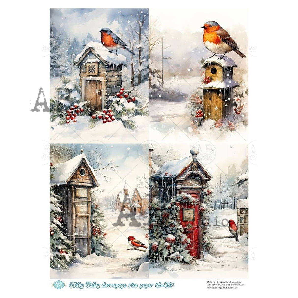 AB Studios Four Wintry Bird Scenes A4 Rice Paper